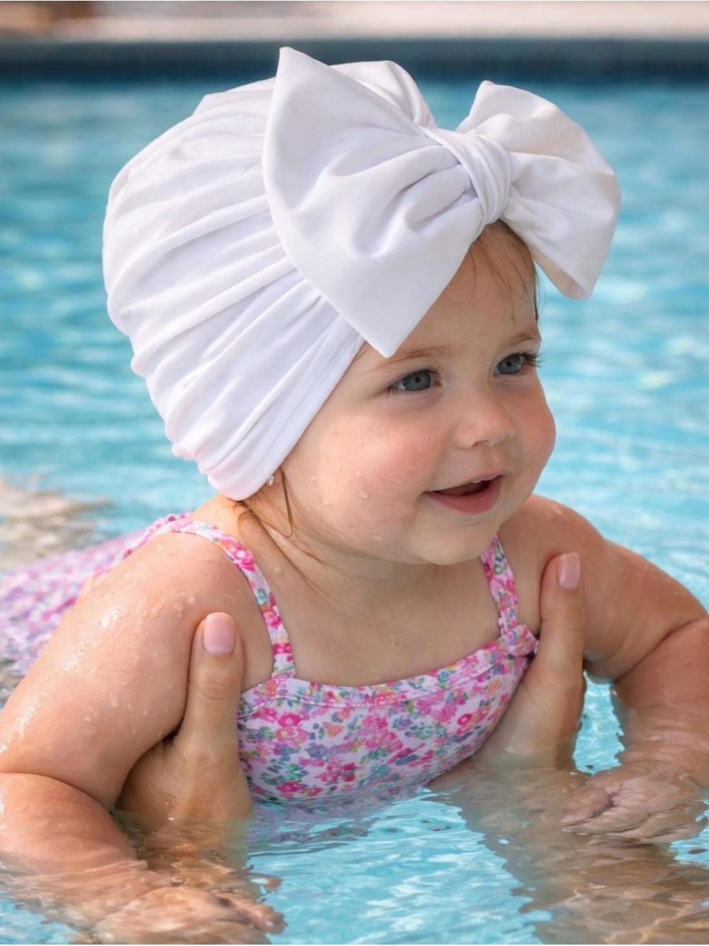 Waterproof Lined White Bow Swim Turban Hat | Baby Toddler adult Swim cap | soft